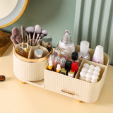 Cream Color Rotating Makeup Organizer Box - Multi-Compartment Cosmetic Storage - Top-Down View