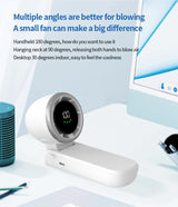 White Portable USB Rechargeable Handheld Fan with Digital Display - Top-Down View