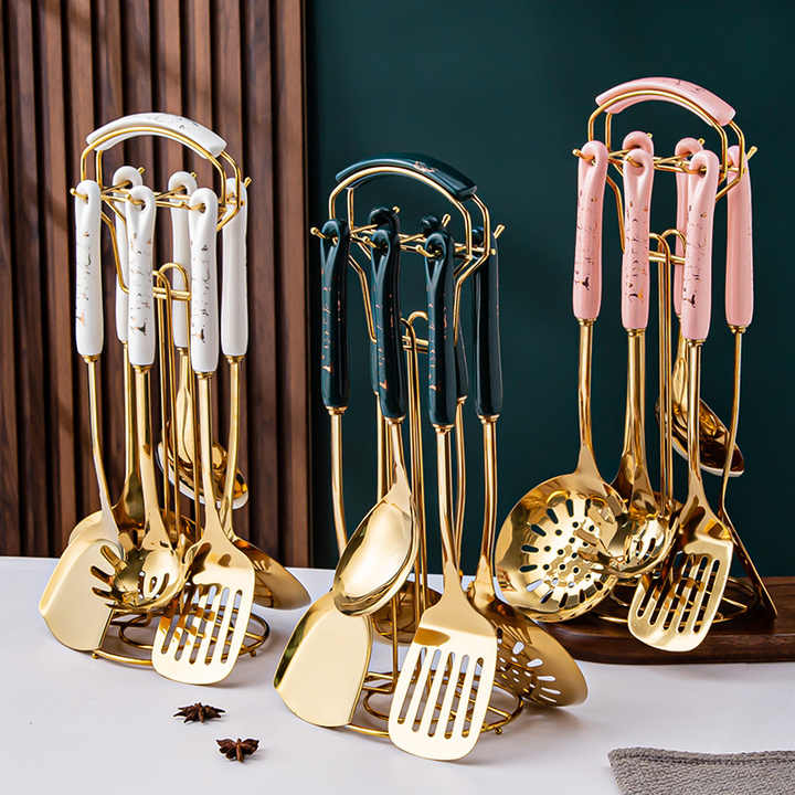 White Gold Stainless Steel Kitchen Utensil Set - 7-Piece Golden Cooking Tools with Stand, image 2