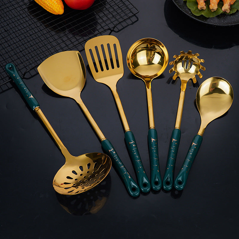 White Gold Stainless Steel Kitchen Utensil Set - 7-Piece Golden Cooking Tools with Stand, image 3