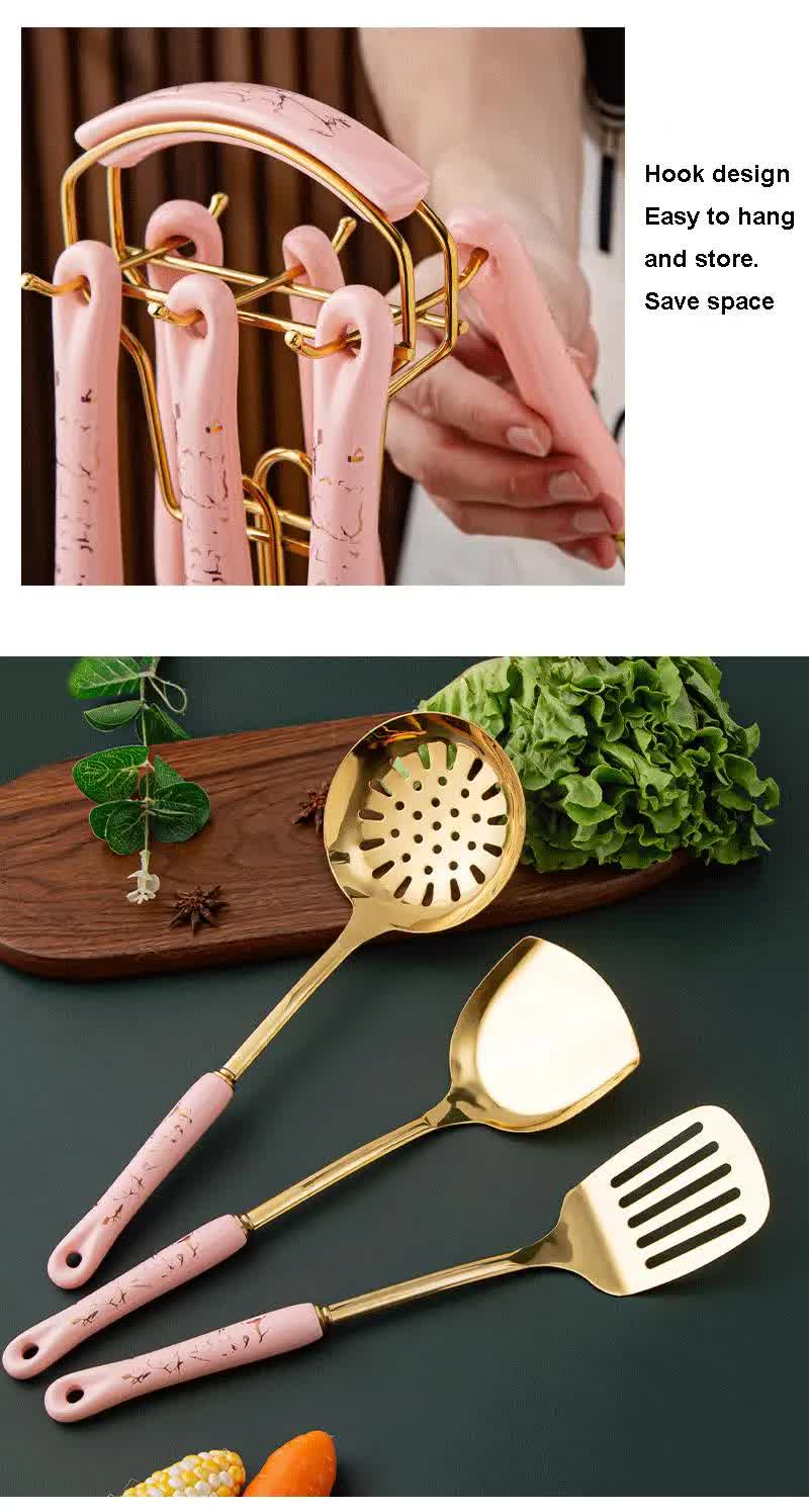 White Gold Stainless Steel Kitchen Utensil Set - 7-Piece Golden Cooking Tools with Stand, image 5