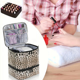 Leopard Double-Layer PU Nail Polish Storage Case with High Capacity for Essential Oils and Nail Lamp - Portable & Adjustable - Top-Down View