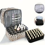 Black Marble Double-Layer PU Nail Polish Storage Case with High Capacity for Essential Oils and Nail Lamp - Portable & Adjustable - 45-Degree Angle