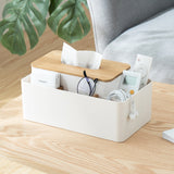 White Multifunctional Tissue Box Organizer - Bamboo Lid with Dividers for Desktop Storage - Front View