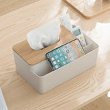 White Multifunctional Tissue Box Organizer - Bamboo Lid with Dividers for Desktop Storage - Top-Down View