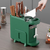 Green Multifunctional Kitchen Knife Rack - Storage Organizer with Built-in Knife Sharpener, for Knives, Chopsticks, Cutting Boards, and Pot Lids - Front View