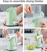 White 10-in-1 Manual Vegetable Slicer with Interchangeable Blades - Multifunctional Rotary Grater and Shredder for Kitchen Use - Top-Down View