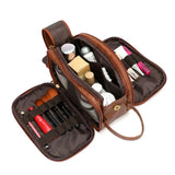 Black Vintage Leather Makeup Bag with Multi-Compartment Organizer - Travel Cosmetic Case - Front View