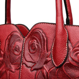 Red Elegant Embossed Rose Leather Handbag - Vintage Style Tote Bag - Front View