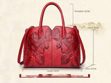 Green Elegant Embossed Rose Leather Handbag - Vintage Style Tote Bag - Top-Down View
