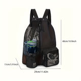 Blue Mesh Drawstring Backpack - Lightweight Sports and Beach Bag with Pockets - Front View