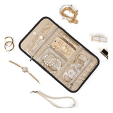 Black Travel Jewelry Organizer - Compact Roll-Up Storage Bag with Multiple Compartments - Front View