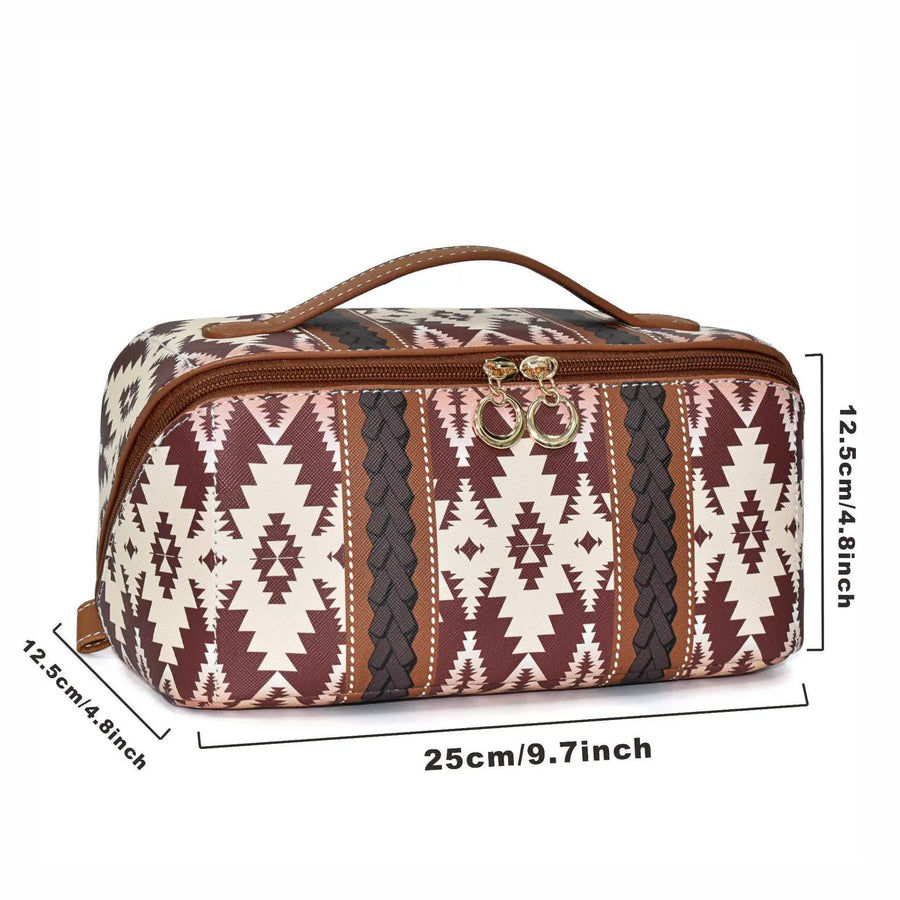 Black Horizontal Pattern Boho Travel Cosmetic Bag - Large Waterproof Makeup Organizer with Handle
