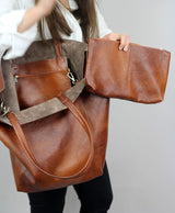 Grey Classic Large PU Leather Tote Bag with Inner Pouch - Elegant and Functional
