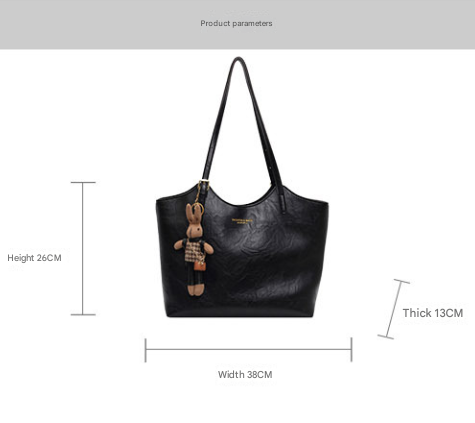 Coffee Brown Elegant Black PU Leather Tote Bag with Cute Bear Keychain - Large Capacity Handbag for Women (38 x 26 x 13 cm)