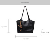 Coffee Brown Elegant Black PU Leather Tote Bag with Cute Bear Keychain - Large Capacity Handbag for Women (38 x 26 x 13 cm) - Top-Down View