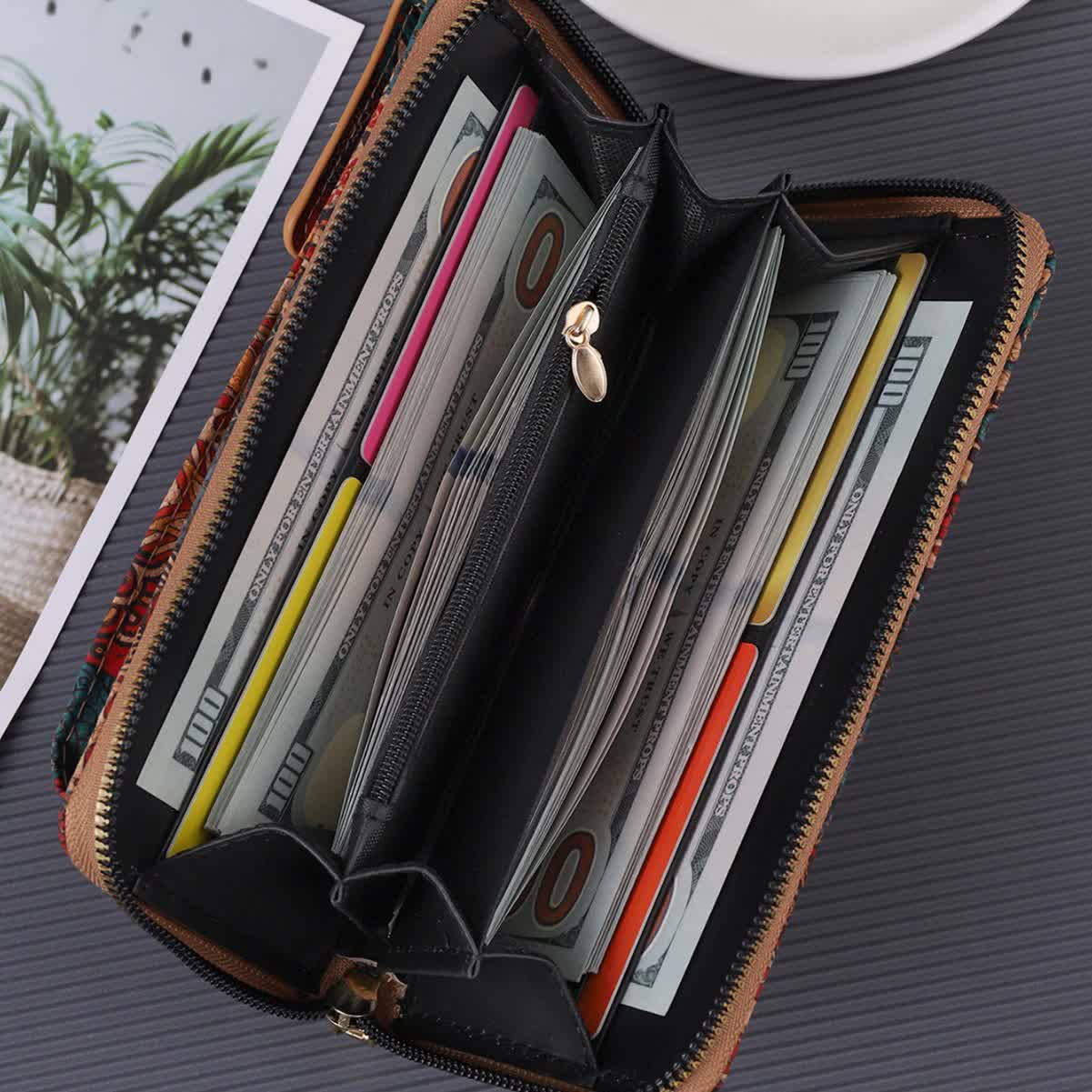 E Elegance Vintage Bohemian Style Wallet with Multi-Compartment Design - Large Capacity Zipper Clutch for Women