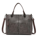 Grey Women's Classic PU Leather Tote Bag with Double Handles - Multi-Pocket Shoulder Bag in Black