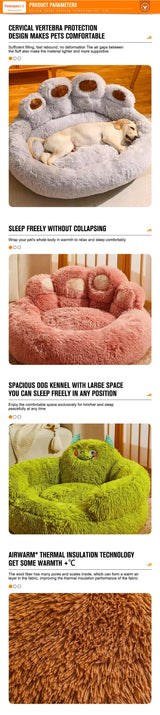 Diameter 90cm Pink Plush Dog Bed with Paw Design - Ultra Soft Round Pet Sofa for Medium to Large Dogs - Front View