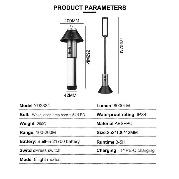 Multifunctional Telescopic Camping Lantern ??Portable LED Light with Adjustable Height and USB-C Charging (Up to 51.8 cm)