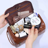 Beige Premium PU Leather Travel Toiletry Bag with Zipper Compartments - Front View