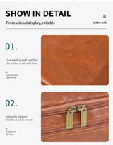 Beige Premium PU Leather Travel Toiletry Bag with Zipper Compartments - 45-Degree Angle