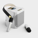 Black Portable Karaoke Machine with Dual Wireless Microphones and Smartphone Holder - Front View