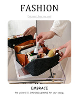 Black Elegant Glitter Cosmetic Bag with Zipper and Handle - Top-Down View
