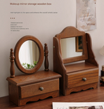 Round Mirror with Drawer Orbicular Wooden Tabletop Vanity Mirror Elegant Design, Storage