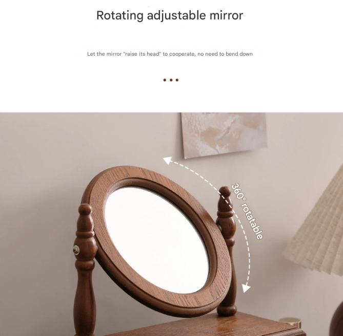 Round Mirror with Drawer Orbicular Wooden Tabletop Vanity Mirror Elegant Design, image 3