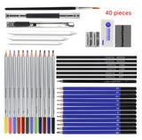 Light Blue 40-Piece Drawing Pencil Set, Professional Art Kit in Convenient Storage Case - Top-Down View