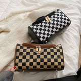 Black Checkered Cosmetic Bag with Handle - Stylish, Compact, and Practical for Travel - Front View