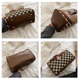 Brown Checkered Cosmetic Bag with Handle - Stylish, Compact, and Practical for Travel - Side View