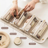 Beige Elegant Cosmetic Bag with Handle - Stylish and Compact for Travel and Storage - Front View