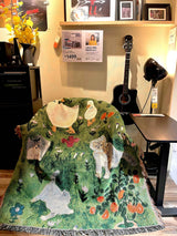 Green Floral Cat Patterned Throw Blanket ??Soft and Cozy, 130x160cm with Tassels
