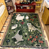 Green Floral Cat Patterned Throw Blanket ??Soft and Cozy, 130x160cm with Tassels