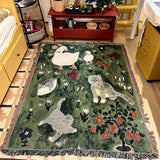 Green Floral Cat Patterned Throw Blanket – Soft and Cozy, 130x160cm with Tassels - Front View