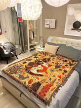 Yellow Floral Cat Patterned Throw Blanket - Soft and Cozy, 130x160cm with Tassels - Front View