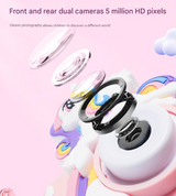 Pink Unicorn Motifs Cute Kids Digital Camera - Cat-Themed HD Camera with 32GB Memory Card - Side View