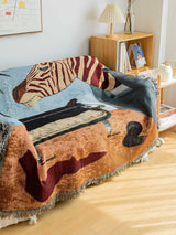 Safari-Inspired Woven Blanket - 160x130cm Artistic Tapestry Throw with Tassel Edges - Front View