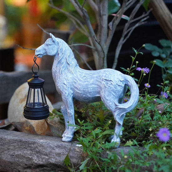 Grey Solar-Powered Horse Statue with LED Lantern ??Rustic Outdoor Garden Ornament