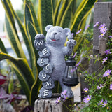 Solar-Powered Welcome Bear Statue with LED Lantern - Outdoor Garden & Patio Decor - Front View