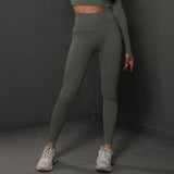 L Dark Green Seamless Butt-Lifting Yoga Leggings - High-Waist Peach Hip Workout Tights - Side View