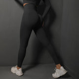 L Dark Grey Seamless Butt-Lifting Yoga Leggings - High-Waist Peach Hip Workout Tights - Top-Down View