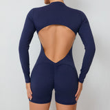 L Black Backless Scrunch Butt Workout Jumpsuit - Long-Sleeve Open-Back Yoga Romper - Top-Down View