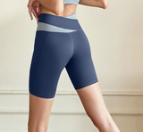 XXL Purple Color-Block High-Waist Yoga Shorts - Seamless Scrunch Butt Anti-Chafing Workout Shorts - Front View
