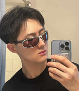 Brown Lenses With Brown Edges Trendy Curved Sunglasses - Cat Eye Design UV Protection Stylish Glare-Blocking Shades - Side View
