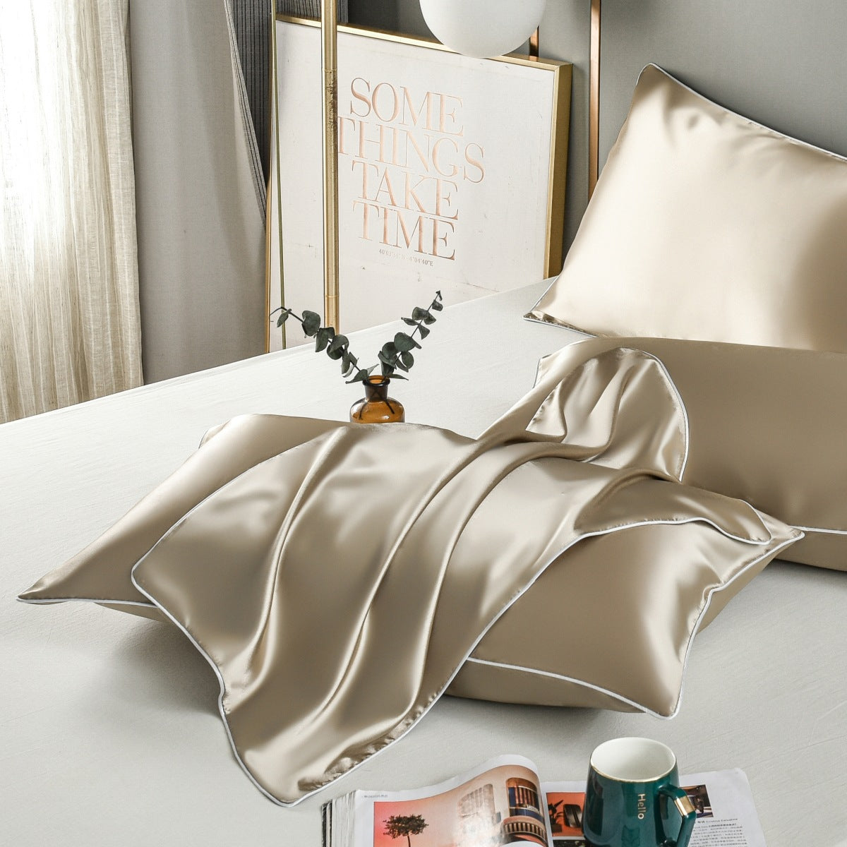 Champagne Gold Luxury Double-Sided Satin Silk Pillowcase ??Summer Cooling Polyester Pillow Cover Set(Without Pillow Core)
