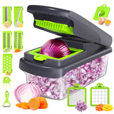 Black and white 14-Piece Multifunctional Vegetable Chopper and Slicer Set - Kitchen Cutting and Grating Tool - Front View