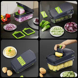 Black and white 14-Piece Multifunctional Vegetable Chopper and Slicer Set - Kitchen Cutting and Grating Tool - Close-Up Angle